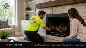 gas fireplace repair East Texas — technician servicing a gas fireplace insert